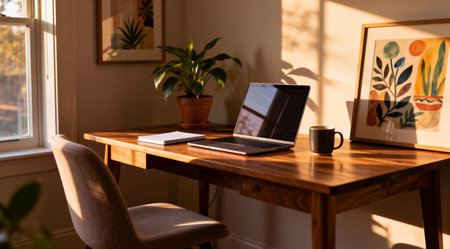 The illustration captures a serene and inviting atmosphere through its soft color palette and gentle lighting. Ideal for articles or websites focused on remote work, home decor, or interior design inspiration. The artistic approach enhances the visual appeal, making it suitable for creative professionals and home enthusiasts alike. AI-generated illustration.の素材