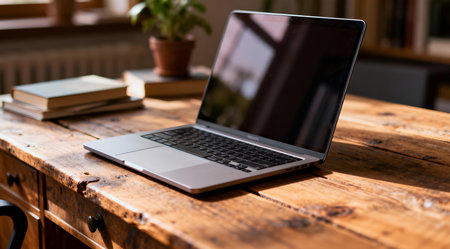 The image employs a serene and inspiring aesthetic, achieved through the use of natural lighting and a minimalist composition. It's ideal for enhancing the visual appeal of remote work articles, home office setups, and productivity blogs. The warm color palette evokes a sense of comfort and professionalism, making it valuable for interior design projects. AI-generated illustration.の素材