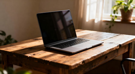 The image captures a serene and inspiring ambiance through the use of soft, natural lighting and a muted color palette, ideal for enhancing the visual appeal of work-from-home and productivity-themed content. This piece would be well-suited for use in articles or blogs focusing on remote work, home office setups, or professional development. Its tranquil setting evokes a sense of calm and focus, making it valuable for educational resources or wellness campaigns. AI-generated illustration.の素材