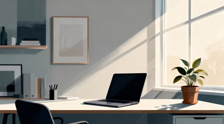 This digital artwork captures a tranquil and focused ambiance through soft lighting and a minimalist color scheme. It is ideal for promoting remote work environments, productivity apps, or home office design inspiration. The artistic approach enhances the serene mood, making it valuable for professionals seeking a calming workspace aesthetic. AI-generated illustration.の素材
