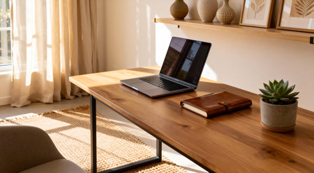 This image captures a serene and inspirational ambiance through its soft color palette and natural lighting. It is ideal for content creators, remote workers, and interior design enthusiasts looking to enhance their visual narratives. The artistic approach to interior design makes it a versatile choice for blogs, websites, and educational materials about work-from-home setups. AI-generated illustration.の素材