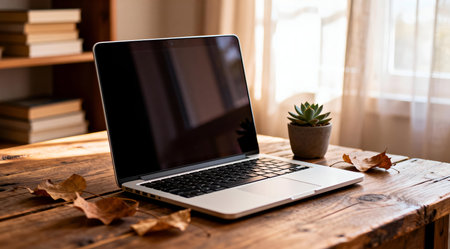 This image features a serene and inspiring aesthetic through the use of soft lighting and earthy color tones, creating a tranquil atmosphere. Ideal for use in professional settings such as office design, remote work promotions, or as part of a calming home office decor collection. The artistic execution highlights the balance between technology and nature, making it valuable for tech and interior design industries. AI-generated illustration.の素材