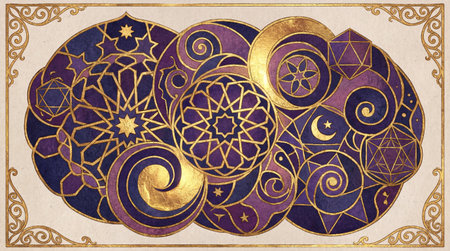 A creative digital illustration depicting Professional illustration of an enchanting abstract composition with interlocking geometric patterns in deep purple and gold, high-quality creative with a mystical and luxurious vibe.. This AI-generated artwork features unique visual elements suitable for various commercial and editorial applications. AI-generated illustration.の素材