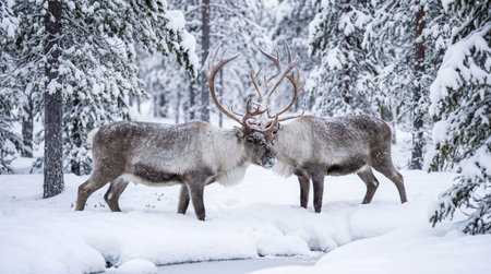 A creative digital illustration depicting High-quality creative image of a reindeer in a snowy forest, natural daylight, professional winter wildlife photography. This AI-generated artwork features unique visual elements suitable for various commercial and editorial applications. AI-generated illustration.の素材