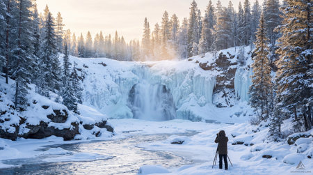 A creative digital illustration depicting Commercial digital art of a winter landscape with a frozen waterfall, early morning light, professional winter nature photography. This AI-generated artwork features unique visual elements suitable for various commercial and editorial applications. AI-generated illustration.の素材