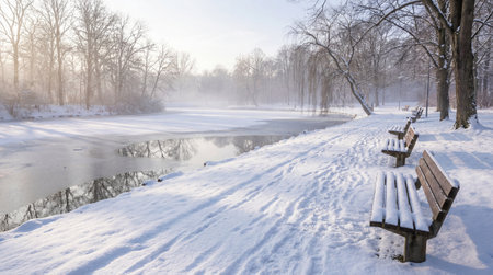 A creative digital illustration depicting High-quality creative image of a winter park with snow-covered benches and a pond, soft morning light, professional winter park photography. This AI-generated artwork features unique visual elements suitable for various commercial and editorial applications. AI-generated illustration.の素材