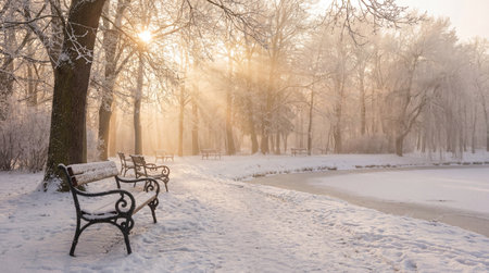 A creative digital illustration depicting High-quality creative image of a winter park with snow-covered benches, soft morning light, professional winter park photography. This AI-generated artwork features unique visual elements suitable for various commercial and editorial applications. AI-generated illustration.の素材