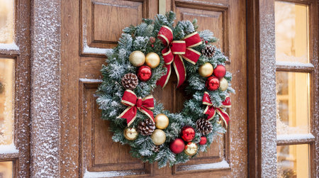A creative digital illustration depicting Commercial digital art of a festive holiday wreath on a snowy door, natural daylight, professional Christmas decor photography. This AI-generated artwork features unique visual elements suitable for various commercial and editorial applications. AI-generated illustration.の素材