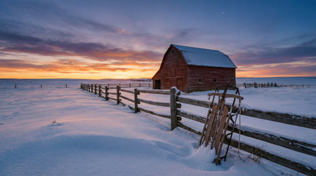 A creative digital illustration depicting Professional stock photo of a snowy landscape with a single red barn, a sunset, a fence, a sled, and a star, late afternoon light, high-end winter rural photography. This AI-generated artwork features unique visual elements suitable for various commercial and editorial applications. AI-generated illustration.の素材