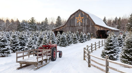 A creative digital illustration depicting High-quality creative image of a Christmas tree farm in the snow with a barn, a sled, a fence, and a star, natural daylight, professional winter agriculture photography. This AI-generated artwork features unique visual elements suitable for various commercial and editorial applications. AI-generated illustration.の素材