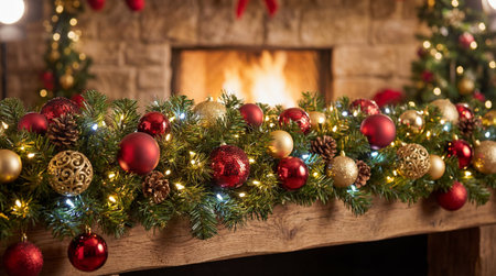 A creative digital illustration depicting High-quality creative image of a festive holiday garland with lights and ornaments, studio lighting, professional Christmas decor photography. This AI-generated artwork features unique visual elements suitable for various commercial and editorial applications. AI-generated illustration.の素材