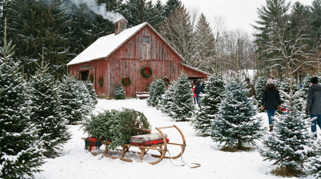 A creative digital illustration depicting High-quality creative image of a Christmas tree farm in the snow with a barn and a sled, natural daylight, professional winter agriculture photography. This AI-generated artwork features unique visual elements suitable for various commercial and editorial applications. AI-generated illustration.の素材