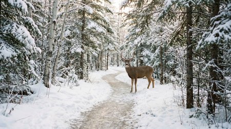 A creative digital illustration depicting High-quality creative image of a snowy forest with a clear path and a deer, natural daylight, professional winter landscape photography. This AI-generated artwork features unique visual elements suitable for various commercial and editorial applications. AI-generated illustration.の素材