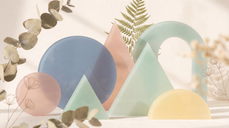 A creative digital illustration depicting Professional illustration of an abstract background with geometric shapes and pastel tones, accented with vegetal elements, suitable for commercial use, professional photography style, universal marke. This AI-generated artwork features unique visual elements suitable for various commercial and editorial applications. AI-generated illustration.の素材