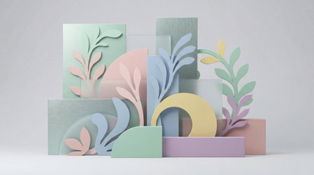 A creative digital illustration depicting Professional stock photo of an abstract geometric design with pastel-colored vegetal patterns, studio lighting, sharp focus, crafted for universal commercial viability.. This AI-generated artwork features unique visual elements suitable for various commercial and editorial applications. AI-generated illustration.の素材