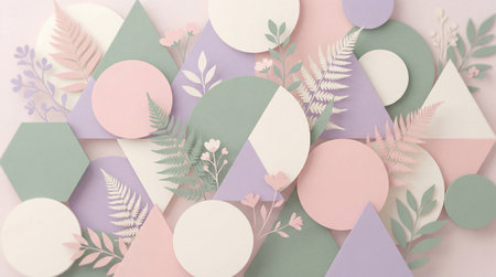 A creative digital illustration depicting High-quality creative image showcasing an abstract background with geometric designs intertwined with pastel vegetal motifs, professional stock photography, clean and appealing composition, excellent . This AI-generated artwork features unique visual elements suitable for various commercial and editorial applications. AI-generated illustration.の素材
