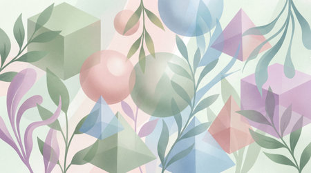 A creative digital illustration depicting Professional stock image of an abstract background with geometric shapes in soft pastel hues, featuring vegetal elements, suitable for commercial digital art projects, high resolution.. This AI-generated artwork features unique visual elements suitable for various commercial and editorial applications. AI-generated illustration.の素材