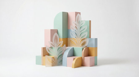 A creative digital illustration depicting Professional stock photo of an abstract geometric design with pastel-colored vegetal patterns, studio lighting, sharp focus, crafted for universal commercial viability.. This AI-generated artwork features unique visual elements suitable for various commercial and editorial applications. AI-generated illustration.の素材