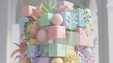 A creative digital illustration depicting Commercial digital art of an abstract geometric and vegetal blend in soft pastel hues, high-end stock photo quality, well-exposed and sharp, suitable for professional marketing use.. This AI-generated artwork features unique visual elements suitable for various commercial and editorial applications. AI-generated illustration.の素材