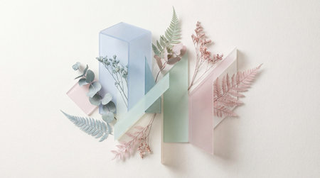 A creative digital illustration depicting High-quality creative image of an abstract background with geometric shapes and pastel vegetal elements, professional photography style, clean and appealing, ideal for commercial use.. This AI-generated artwork features unique visual elements suitable for various commercial and editorial applications. AI-generated illustration.の素材