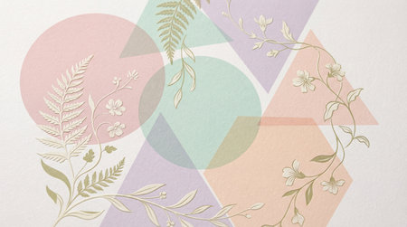 A creative digital illustration depicting Abstract background with geometric designs and subtle vegetal patterns in pastel tones, professional commercial photography, sharp and well-lit, designed for universal marketing appeal.. This AI-generated artwork features unique visual elements suitable for various commercial and editorial applications. AI-generated illustration.の素材