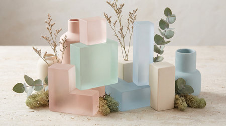 A creative digital illustration depicting High-quality creative image of an abstract background with geometric shapes and pastel vegetal accents, professional photography style, clean and appealing, ideal for commercial use.. This AI-generated artwork features unique visual elements suitable for various commercial and editorial applications. AI-generated illustration.の素材