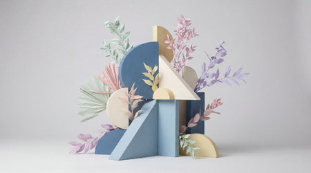 A creative digital illustration depicting Professional stock photo of an abstract geometric design with pastel-colored vegetal accents, studio lighting, sharp focus, crafted for universal commercial viability.. This AI-generated artwork features unique visual elements suitable for various commercial and editorial applications. AI-generated illustration.の素材