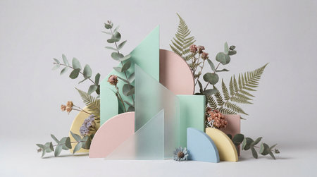 A creative digital illustration depicting Professional stock photo of an abstract geometric design with pastel-colored vegetal accents, studio lighting, sharp focus, crafted for universal commercial viability.. This AI-generated artwork features unique visual elements suitable for various commercial and editorial applications. AI-generated illustration.の素材