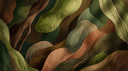 A creative digital illustration depicting Professional stock image of an abstract background with green and brown organic shapes, naturalistic lighting, earthy and soothing mood, nature-inspired style. This AI-generated artwork features unique visual elements suitable for various commercial and editorial applications. AI-generated illustration.の素材