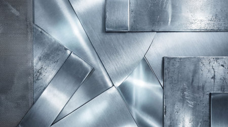 A creative digital illustration depicting High-quality creative image of an abstract background with silver and gray metallic textures, reflective lighting, sleek and modern mood, industrial design style. This AI-generated artwork features unique visual elements suitable for various commercial and editorial applications. AI-generated illustration.の素材