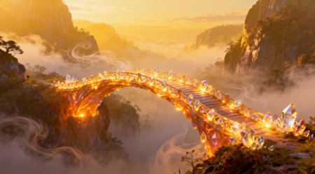 This fantasy illustration employs a soft, ethereal style that evokes a sense of wonder and tranquility. Ideal for use in gaming environments, fantasy book covers, or as inspirational art for creative writing projects. The warm color scheme enhances the inviting mood, making it suitable for relaxation and meditation themes. AI-generated illustration.の素材