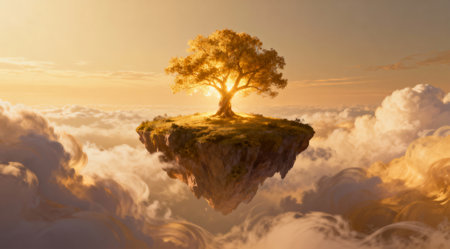 This digital artwork showcases a serene and dreamy aesthetic through the use of soft, warm lighting and a palette of golden and amber tones. The artistic approach lends itself well to fantasy-themed projects, ideal for use in children's books, fantasy game backgrounds, or as part of meditative and relaxation content. The unique rendering of light and color adds a distinctive value to this piece. AI-generated illustration.の素材