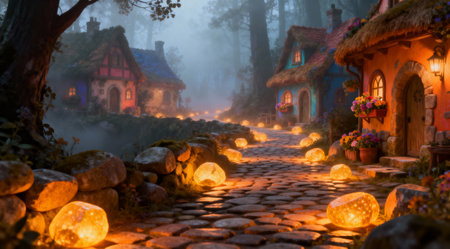 This enchanting illustration captures a fantasy art style with soft, dreamy lighting and a warm color scheme. Ideal for use in children's books, fantasy-themed games, or as atmospheric art in cafes and lounges. The unique blend of whimsy and mystery adds depth, making it a versatile piece for creative projects. AI-generated illustration.の素材