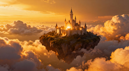This image showcases a surrealistic and dreamy aesthetic, utilizing a digital art style that enhances the ethereal quality of the scene. Ideal for fantasy-themed projects, video game design, or as a captivating visual for storytelling and creative writing. The warm color palette evokes a sense of tranquility and wonder, making it suitable for relaxation and wellness content. AI-generated illustration.の素材