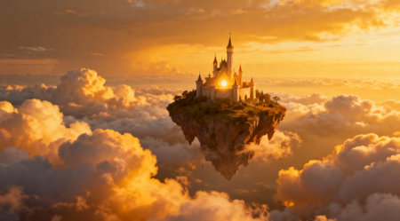 The illustration showcases a dreamy and majestic style, achieved through a digital art approach that emphasizes warm color tones and soft lighting effects. This piece is ideal for use in fantasy-themed projects, such as book covers, game art, or as part of a surreal art collection. Its unique blend of ethereal elements and vibrant hues makes it a valuable asset for artists and designers seeking to evoke a sense of wonder and escape. AI-generated illustration.の素材