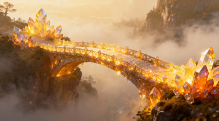 This fantasy illustration showcases a captivating blend of surrealism and tranquility through the use of soft, misty effects and radiant crystal textures. Ideal for use in fantasy novels, gaming environments, or as a striking visual for meditation and wellness apps. The warm color palette enhances the inviting atmosphere, making it a versatile piece for creative projects. AI-generated illustration.の素材