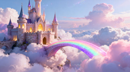 This illustration embodies a magical and dreamy aesthetic through the use of soft glowing light and vibrant pastel hues. Ideal for fantasy-themed projects, children's books, or as a whimsical element in digital design and storytelling. The unique composition and color palette offer a fresh visual experience, appealing to creators in the fantasy art community. AI-generated illustration.の素材