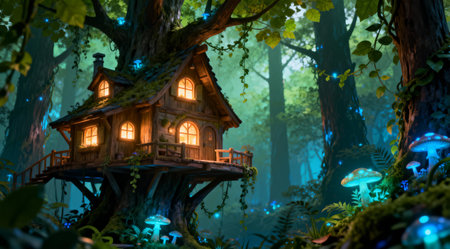 This fantasy illustration employs a soft, ethereal style that evokes a sense of wonder and tranquility. Ideal for use in children's books, fantasy game design, or as a whimsical backdrop for storytelling and creative writing projects. The cool color palette enhances the mystical atmosphere, making it a unique choice for imaginative visual content. AI-generated illustration.の素材