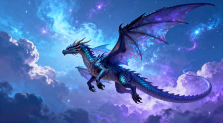 This fantasy art piece showcases a blend of ethereal and powerful elements, executed with a high level of detail and color harmony. It is ideal for use in fantasy literature covers, role-playing game designs, and thematic posters. The cool color palette evokes a sense of mystery and awe, appealing to fans of mythical creatures and fantasy art enthusiasts. AI-generated illustration.の素材