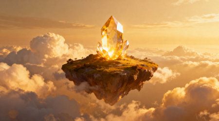 The artwork showcases a dreamy and serene style, utilizing soft and warm lighting to evoke tranquility. Its digital art approach makes it ideal for fantasy-themed projects, such as book covers, video game backgrounds, or mystical posters. The unique composition and color palette provide a captivating visual experience for enthusiasts of surreal art. AI-generated illustration.の素材