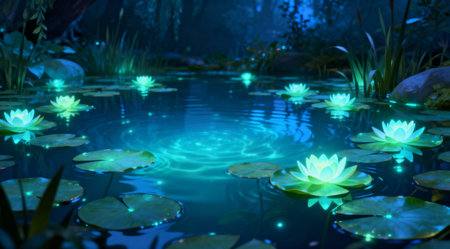 This illustration showcases a serene and mystical ambiance through the use of cool blue and green tones, creating a captivating fantasy scene. Ideal for use in fantasy novels, game design, or as atmospheric art in meditation and wellness apps. The soft glow effect adds to the enchanting quality, making it a versatile piece for creative projects. AI-generated illustration.の素材