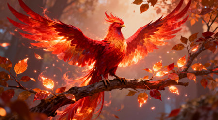 This fantasy artwork showcases a professional approach to digital illustration, emphasizing a majestic and awe-inspiring mood through soft, fiery lighting. Ideal for use in fantasy literature covers, gaming graphics, or as part of mythological art collections, this piece stands out with its vibrant color scheme and detailed execution. Suitable for enthusiasts of fantasy art and professionals in the gaming industry. AI-generated illustration.の素材