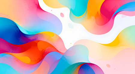 This digital artwork employs a dynamic and cheerful style, utilizing soft lighting to enhance the vividness of the colors. Ideal for creative projects requiring an uplifting and energetic visual, such as digital media campaigns, art installations, or as a vibrant element in graphic design. The fluidity and gradient transitions provide a modern aesthetic, appealing to designers and artists looking for contemporary digital art. AI-generated illustration.の素材