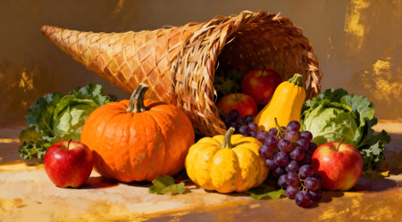 This illustration features a cozy and inviting style, utilizing digital art techniques to create a sense of abundance and tradition. Ideal for editorial use in articles about Thanksgiving, autumn harvests, or seasonal recipes. The warm lighting adds a welcoming atmosphere, making it suitable for home decor projects and educational materials. AI-generated illustration.の素材