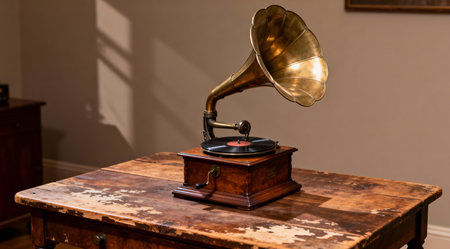 This illustration showcases a vintage aesthetic through soft, muted tones and warm lighting, creating a nostalgic mood. It's ideal for use in music-themed editorials, historical articles, or as part of retro-style album covers. The detailed texture of the wood and the gramophone's intricate design highlight the technical prowess of AI in rendering complex scenes. AI-generated illustration.の素材