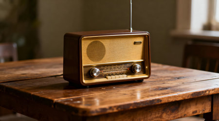 This piece evokes a nostalgic mood through its use of soft lighting and muted tones, executed in an artistic photography style. Ideal for projects aiming to capture the essence of past decades, such as vintage-themed websites, retro design publications, or nostalgic music-related content. The subtle color palette and ambient lighting enhance the retro aesthetic, making it a valuable asset for designers and content creators in the vintage and music industries. AI-generated illustration.の素材