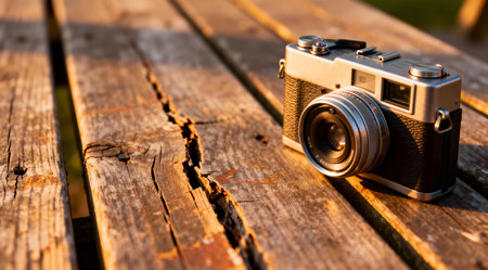 The illustration features a nostalgic and artistic approach, utilizing soft, warm lighting to evoke a sense of vintage charm. Ideal for use in creative projects focusing on retro aesthetics, such as editorial designs, blog headers, or print media. The detailed texture of the wood adds depth, making it suitable for high-quality visual content. AI-generated illustration.の素材