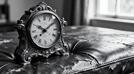 This image showcases a vintage aesthetic through the use of monochrome tones and distressed textures, creating a nostalgic and timeless feel. Ideal for editorial content in lifestyle magazines, blogs about home decor, or as part of a collection in design portfolios. The interplay of natural light adds depth and authenticity to the composition. AI-generated illustration.の素材