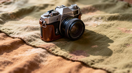 This still life composition showcases a nostalgic aesthetic through soft studio lighting and a muted color palette, evoking a sense of timeless elegance. Ideal for editorial use in photography magazines, blogs about vintage technology, or as part of a retro-themed marketing campaign. The detailed rendering and atmospheric lighting make it a versatile piece for both digital and print media. AI-generated illustration.の素材