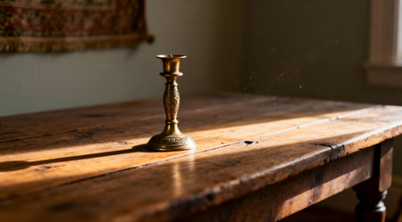 This illustration features a serene, vintage aesthetic with a focus on warm, muted tones and ambient lighting, ideal for creating a cozy atmosphere in home decor articles, historical blogs, or interior design mood boards. The detailed texture and soft glow enhance the nostalgic mood, making it suitable for romantic or traditional settings. AI-generated illustration.の素材